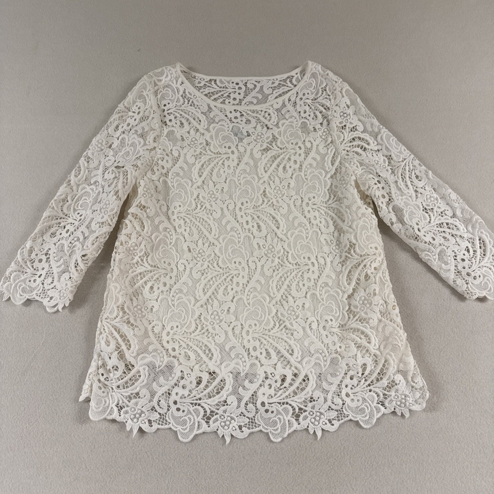 J Jill Crochet Lace Overlay Top XL Petite Cotton Boho Bohemian Luxury Bride - Picture 1 of 9